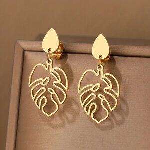 Boho Vintage Water Drop Plant Leaves Stainless Steel Pendants Earrings